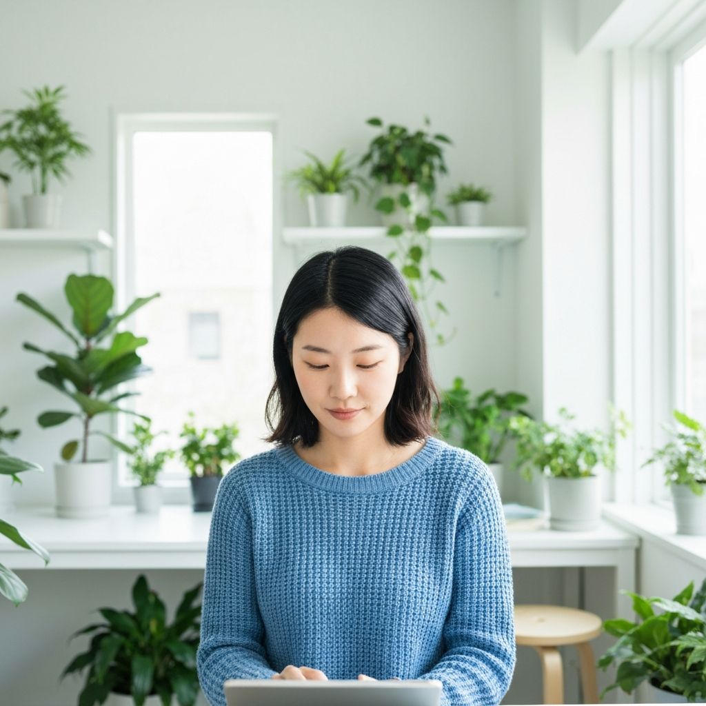 Person reading information on tablet surrounded by plants in bright minimalist room, focused learning
