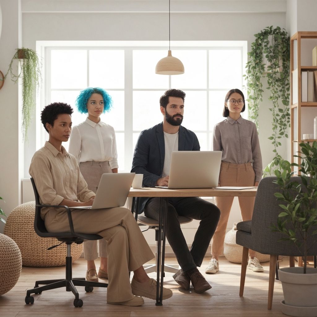 Mixed group of people in coworking space looking focused and balanced with natural light and calm atmosphere