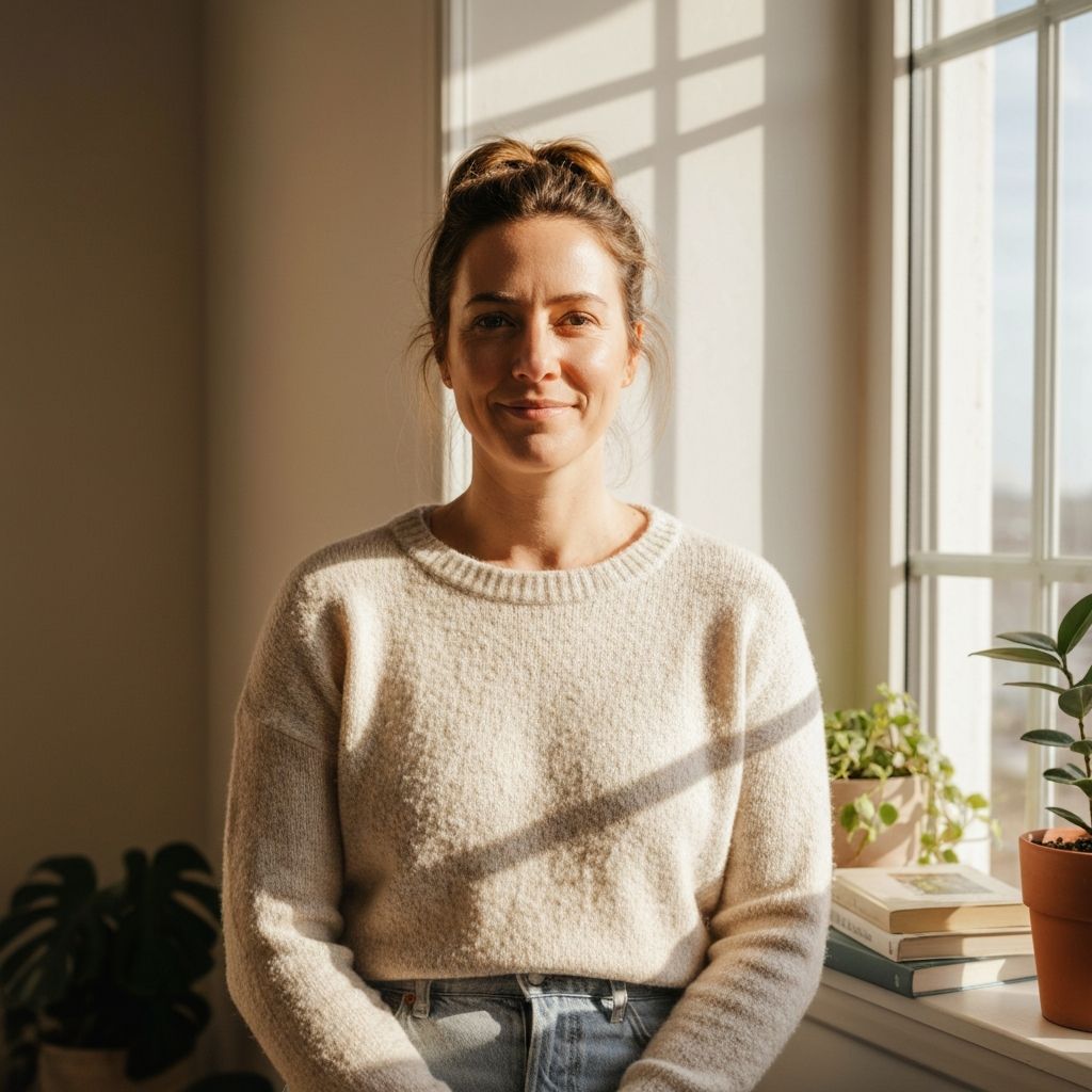 Woman in bright natural light appearing serene and balanced, wearing comfortable casual clothing